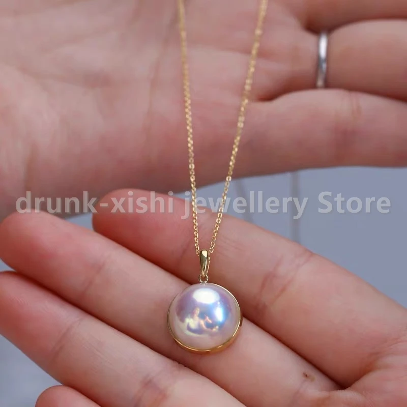16-17mm delicado brillante Japón agua de mar Akoya 15-16mm perla Mabe colgante 18k oro puro sólido joyería fina cadena S925