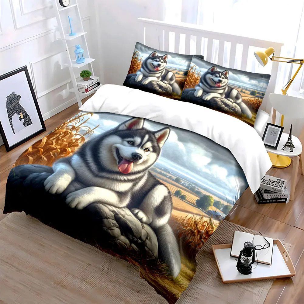 Husky Resting on Rock in Countryside Print Soft Comfortable Duvet Cover Bedding Set Included 1*Duvet Cover 2*Pillowcases