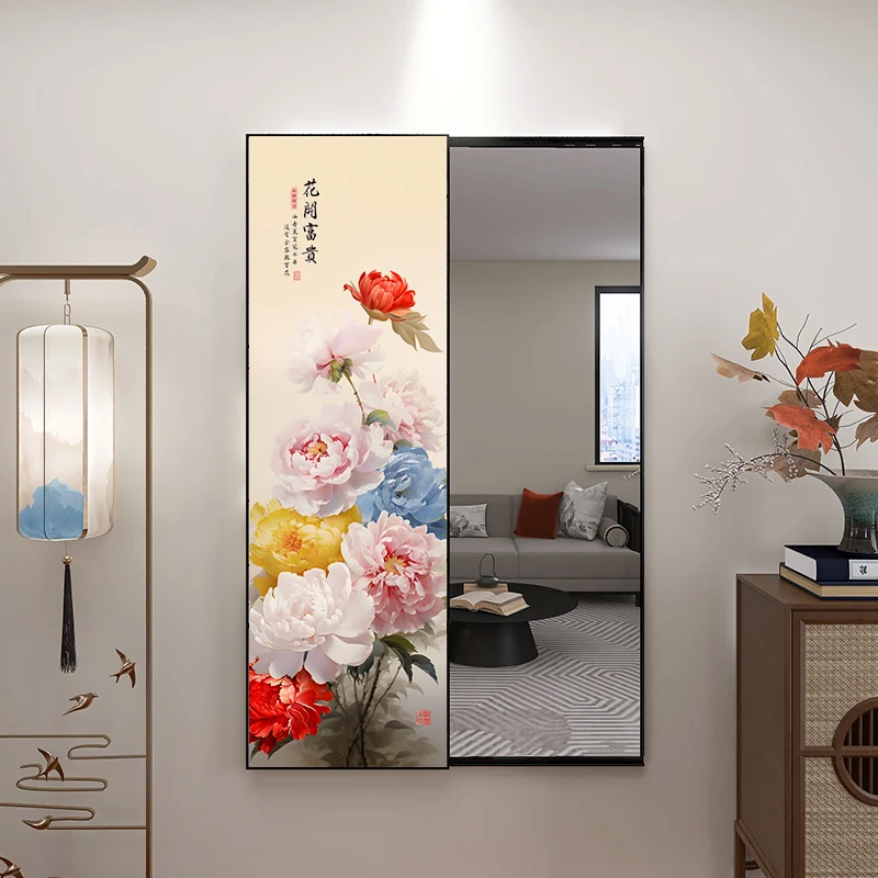 

Peony flower, entrance door, mirror, full-body mirror, upper wall, decorative painting, porch, hidden style
