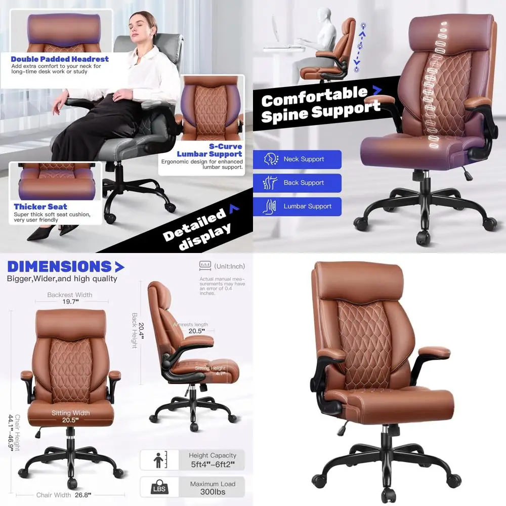 

Эргономичное офисное кресло с высокой спинкой, функцией качания, кожаной обивкой, регулируемыми подлокотниками и поясничной поддержкой