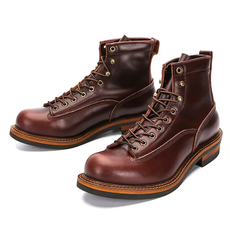 Botas cortas de piel de vaca con capa superior resistente al desgaste de invierno para hombre de cara corta Retro botas cortas de motocicleta