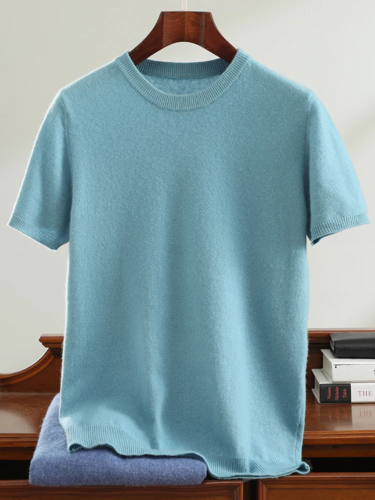 ADDONEE-Camiseta de Cashmere com decote O masculino, manga curta, pulôver básico, suéter 100% Cashmere, Tops de malha, primavera, verão, alta qualidade