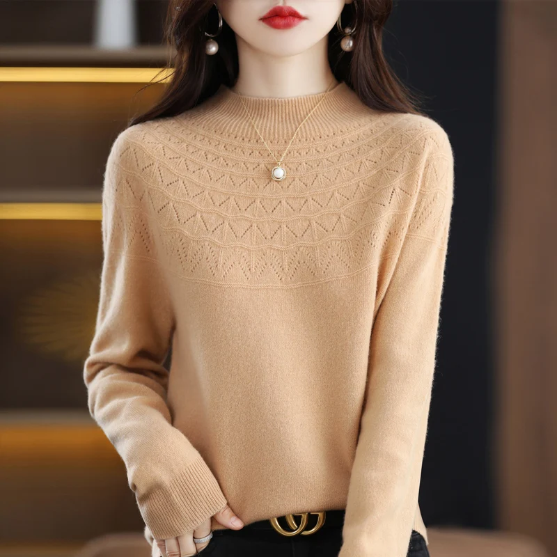 100% Cashmere Sweater Women\'s Half-Turtleneck Slim Seamless Wool Knitted Bottoming Shirt Hollow Loose In Autumn And Winter