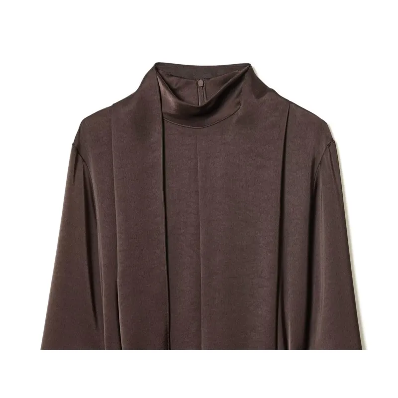 Sukienka midi damska z satyny na wiosnę i lato z paskiem, elegancka sukienka mini damska z wysokim dekoltem i długim rękawem, modne i szykowne sukienki damskie.