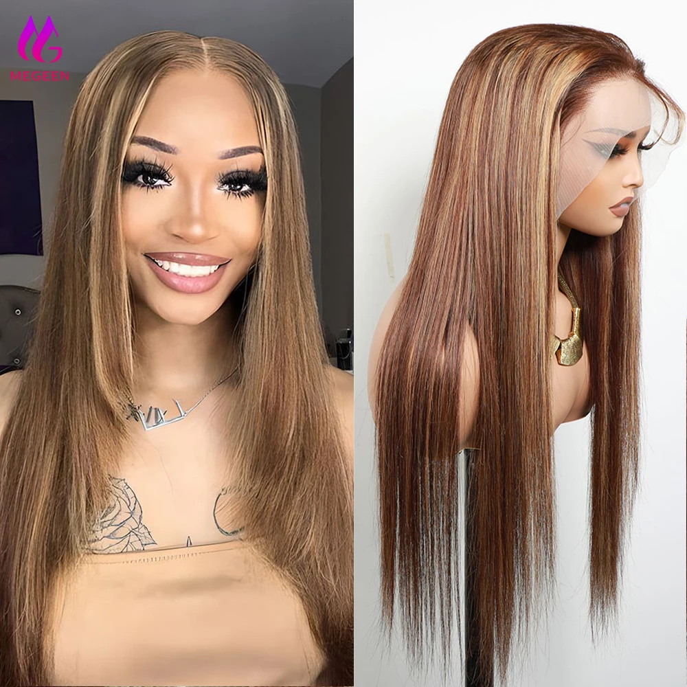 

Megeen Human Hair Wigs Pre Plucked Brazilian Highlight P4/27 Colored Straight 13X4 Lace Frontal Wigs Honey Blonde Lace Front Wig