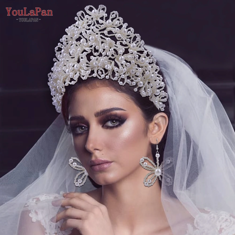 YouLaPan-تاج الزفاف باللؤلؤ ، تاج العروس ، عصابة رأس للزفاف ، إكسسوارات الشعر ، غطاء رأس للعروس ، غطاء رأس للملكة ، ملكة HP487