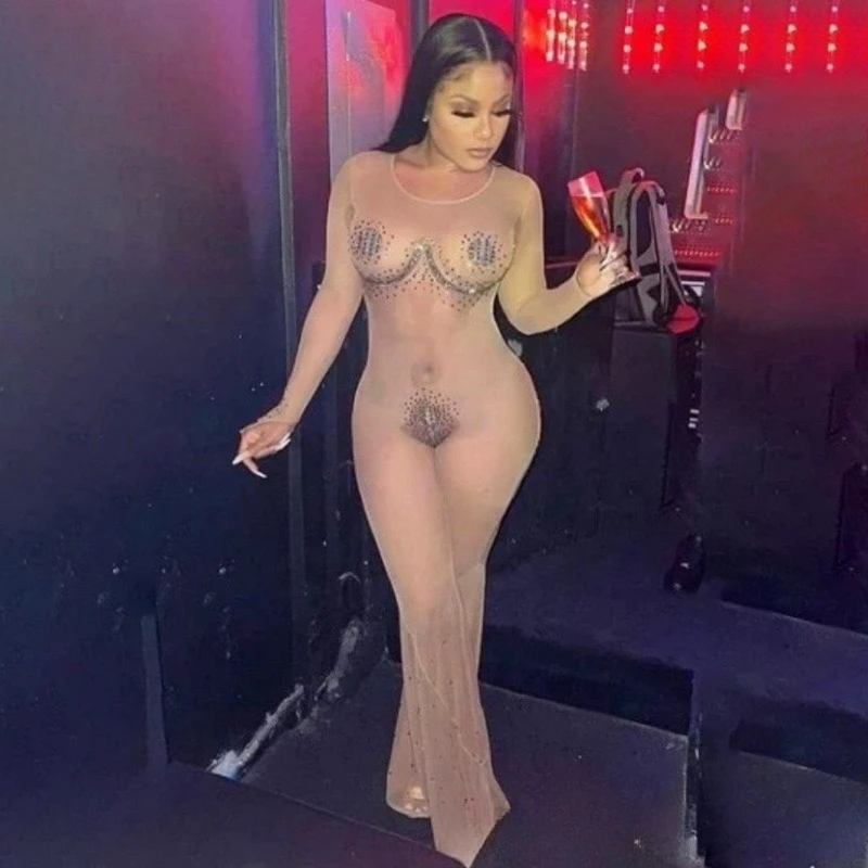 

Sexy Nude Mesh Fine Diamond Perspective Holiday Dress Bar Dance Annual Meeting Evening Vestido Gala Luxo Платье Нарядное Женское