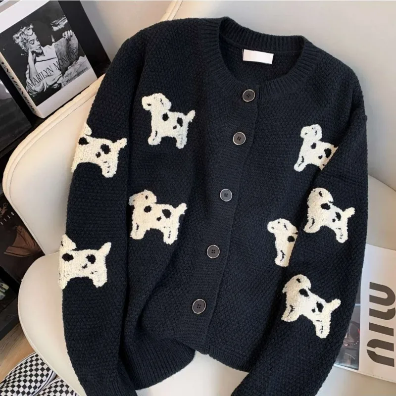 Soft Puppy Jacquard Crew Neck Knitted Cardigan Autumn 2024 New Lazy Style Temperament Sweet Versatile Casual Long-sleeved Top