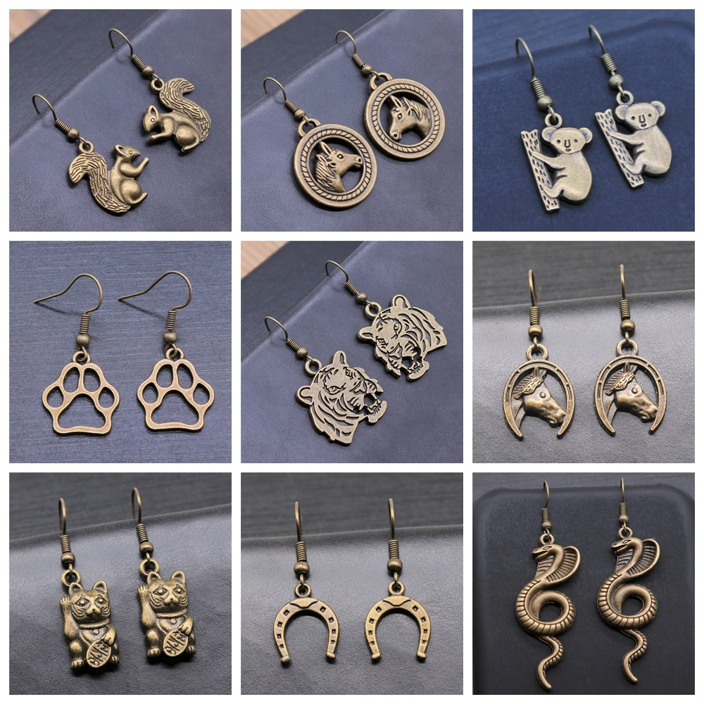 30 Styles Vintage Antique Bronze Color Plated Animal Earrings Tiger Leopard Lizard Unicorn Koala Snake Elephant Pendant Earring view 3