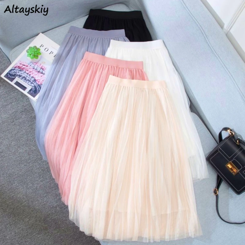 

Gauze Knee-length Skirts Women Temper Vintage Baggy Streetwear Summer Faldas Casual Lady Minority Clothing Daily High Waist New