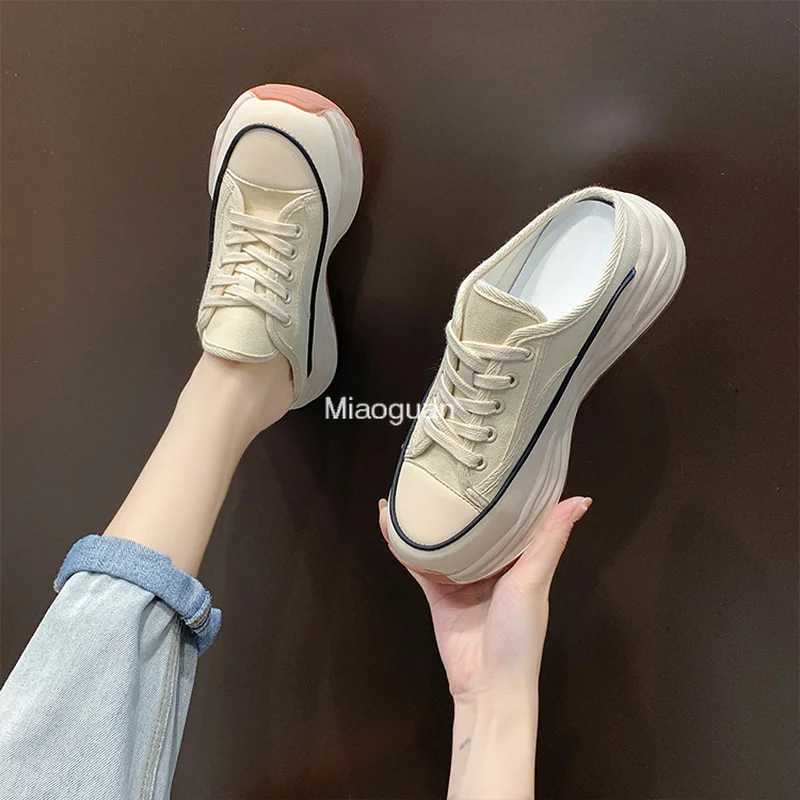 Ladies Slippers 2022 Summer Baotou Half Slippers Woman\'s Versatile Casual Lace Up Canvas Sports Slippers Platform Shoes Outside