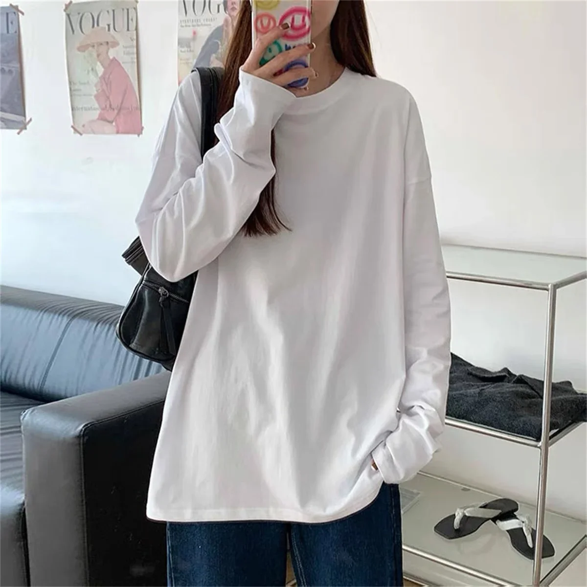 Fashion Autumn Long Sleeve T-Shirt Women Basic Oversize T Shirt Minimalist Charm Women Casual O-neck Women Tshirt Black White