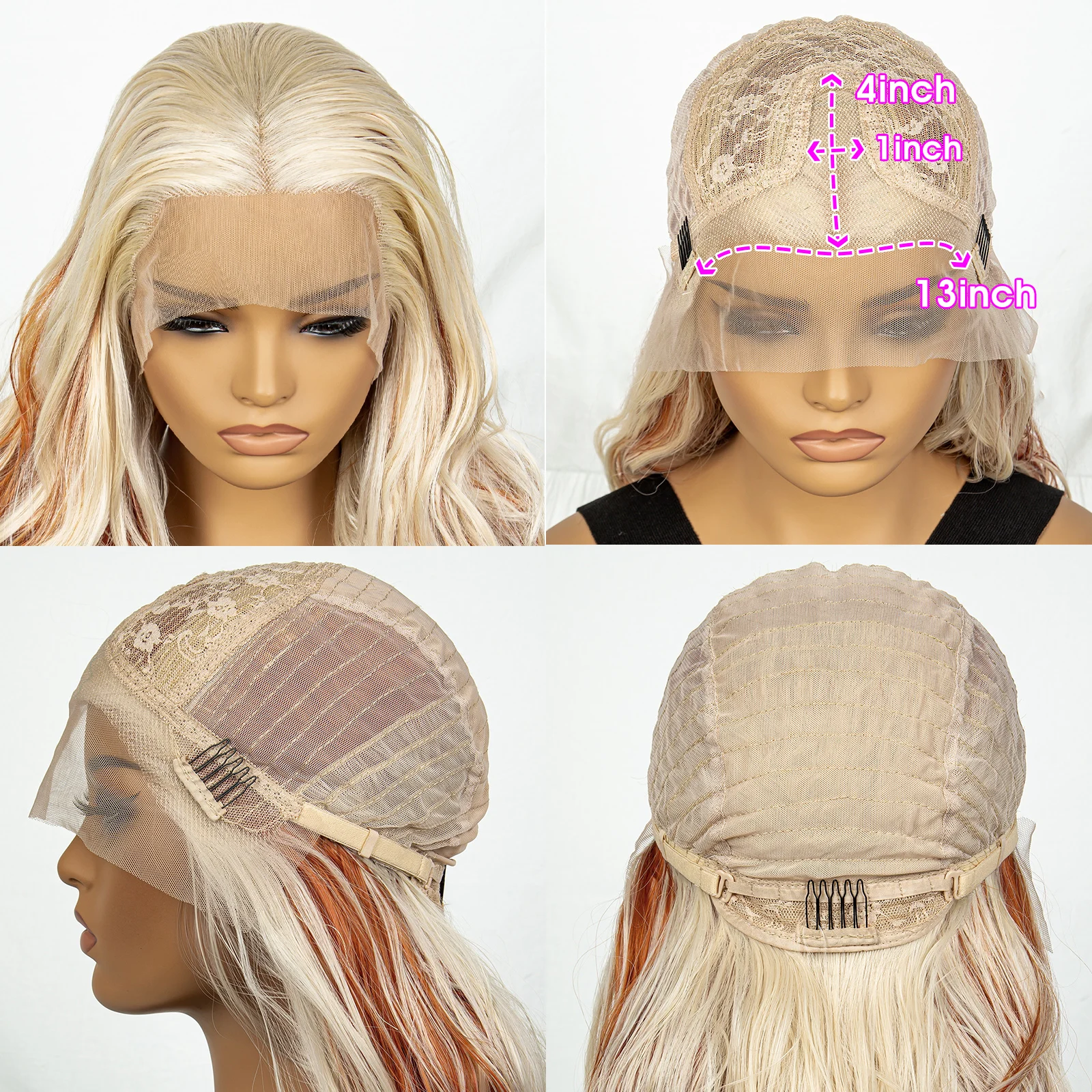 Wig pirang Oranye Highlight Wig sintetis bagian depan berenda Wig panjang bergelombang Wig renda gelombang air untuk wanita wig Cosplay pirang campuran oranye