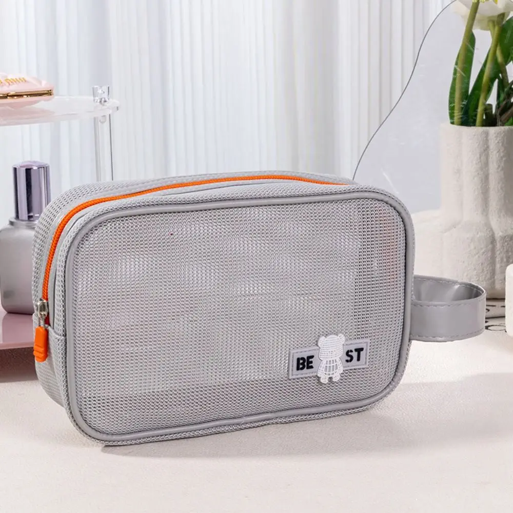 Durable Mesh Makeup Bag With Handle Large Capacity Cosmetic Bag Portable Zipper Wash Pouch