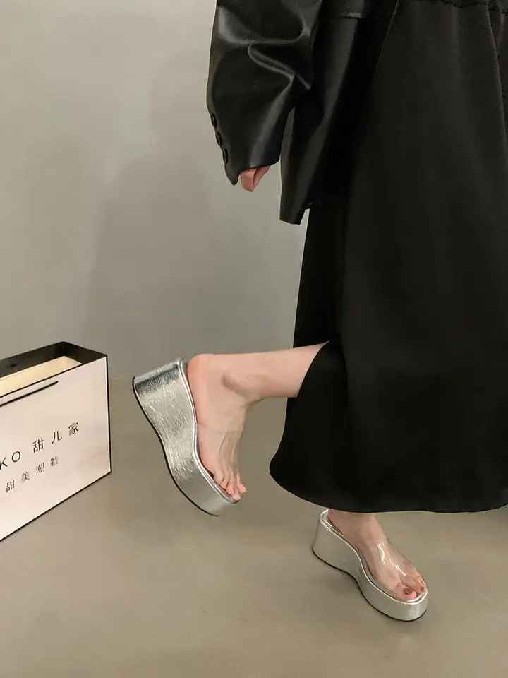2025 Summer Chunky Woman Slippers Fashion PVC Transparent sandals Platform Wedges Heel Slides Ladies Casual Outdoor Beach Shoes view 6