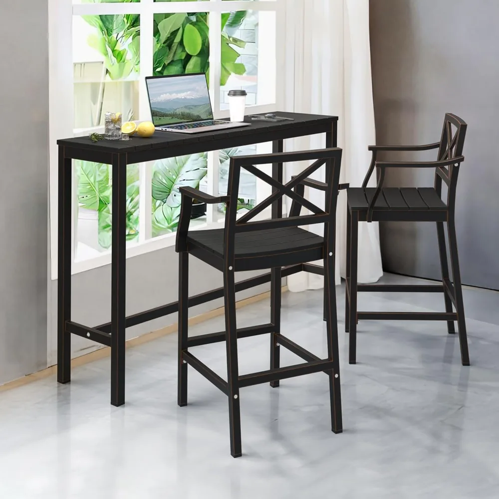 屋外バーテーブル、55インチブラックパティオバーハイトカウンターテーブル、防水HDPSスラットトップ、耐候性、ホットタブ、バルコニー