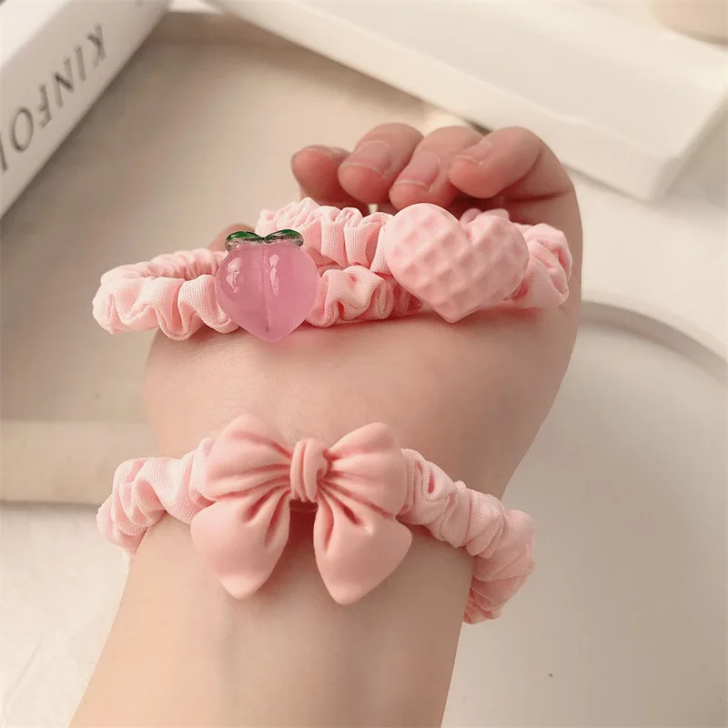 Pink Girl Cute Peach Small Bowel Hair Band Hair Cord High Stretch Love Bow Rubber Band Headstring Girl Hair Accessoires