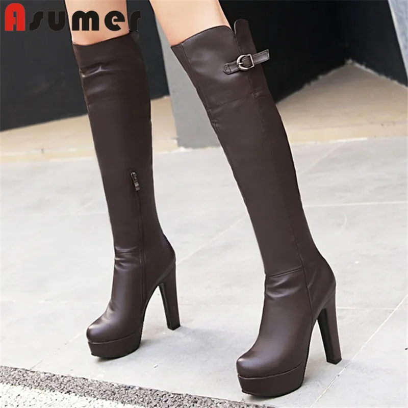 

ASUMER 2024, размер 33-43, новинка, Лидер продаж, зимние сапоги из искусственной кожи на платформе, Сапоги выше колена на молнии, обувь на толстом высоком каблуке с пряжкой