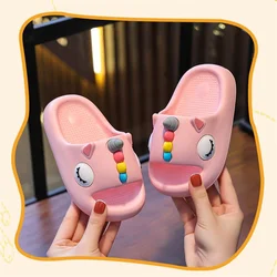 Summer Kids Home Shoes Flip Flops Baby Girls Slippers for Children Cartoon Unicorn Bathroom Antislip Thick Sole Slides 2-8 Years