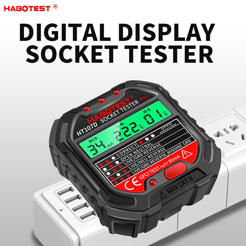 HABOTEST HT107 Pro Digital Socket Tester, 5mA/30mA RCD Detector, Ground Zero Polarity Check EU US UK Plug Optional