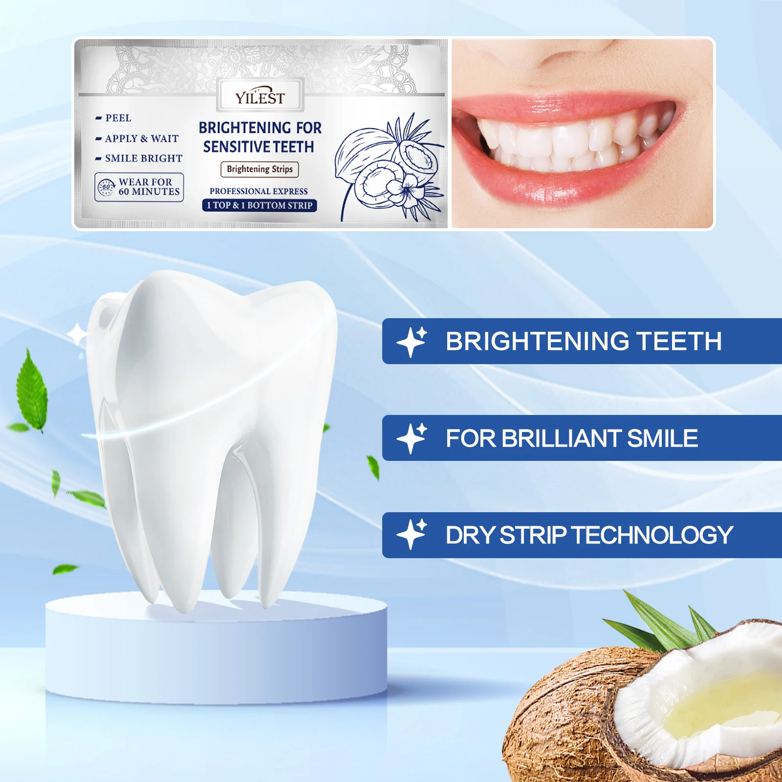 YILEST 14Pcs 치아 미백 스트립 - 민감한 치아에 부드럽고 밝게, 지저분함 없음 건조 스트립 기술, 노란색 얼룩과 싸움