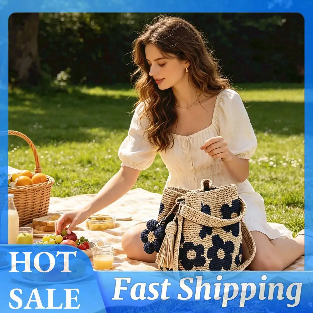 

Embroidery Aesthetic Boho Bag Lightweight Needlepoint Barrel Drawstring Purse with Flower Tassel Hand-Crochet Woven Summer Beach Bag for Women Vacation (Blue)