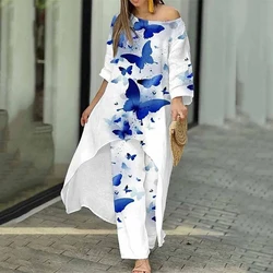 Two Piece Sets O-Neck Long Sleeve Irregular Hem Long Top & Causal Loose Wide Leg Pants Suits Fashion Print Floral Comfort Sets