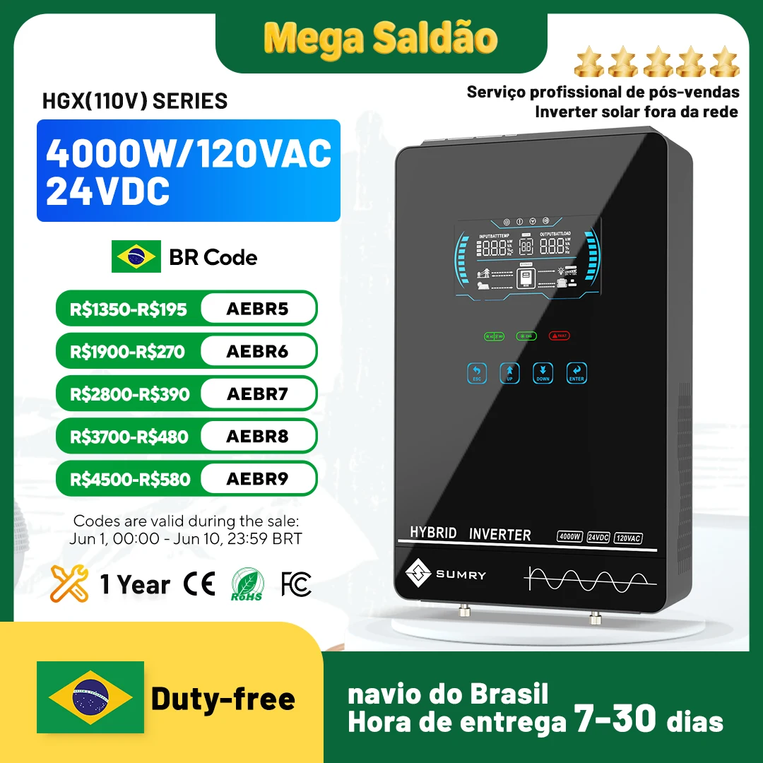 SUMRY Off Grid Inverter HGX 4KW 24v 110/120v Pure Sine Wave MPPT Solar Charge Touch screen LCD Hybrid Inverter