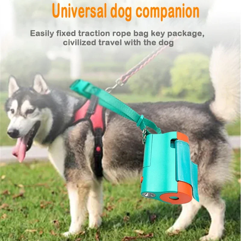 Portable Dog Poop Bag Dispenser with LED Flashlight Leash Clip Hands-Free Pet Waste Bags Holder with Strap Walking Dog Accessory