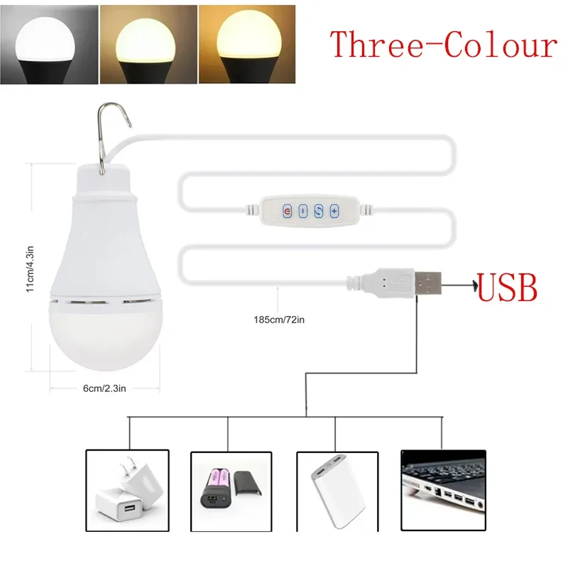 DC5V Led Camping Light 10W USB Emergency Bulb 3-color Dimmable Hanging Tent Light Barbecue Fishing Repair Outdoor Equipment