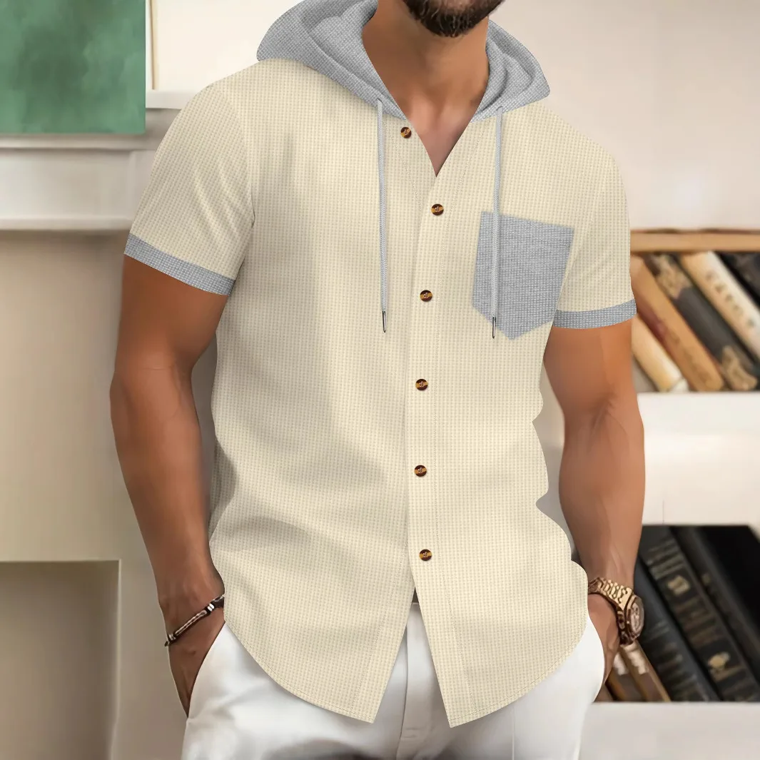 

Summer best-selling men's waffle knit pullover short-sleeved shirt. Buttoned casual snap-on hooded jacket suitable for travel we