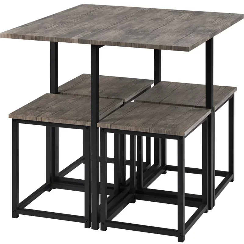 Conjunto de jantar com mesa quadrada industrial, 4 cadeiras sem encosto, Drift Brown, 5pcs