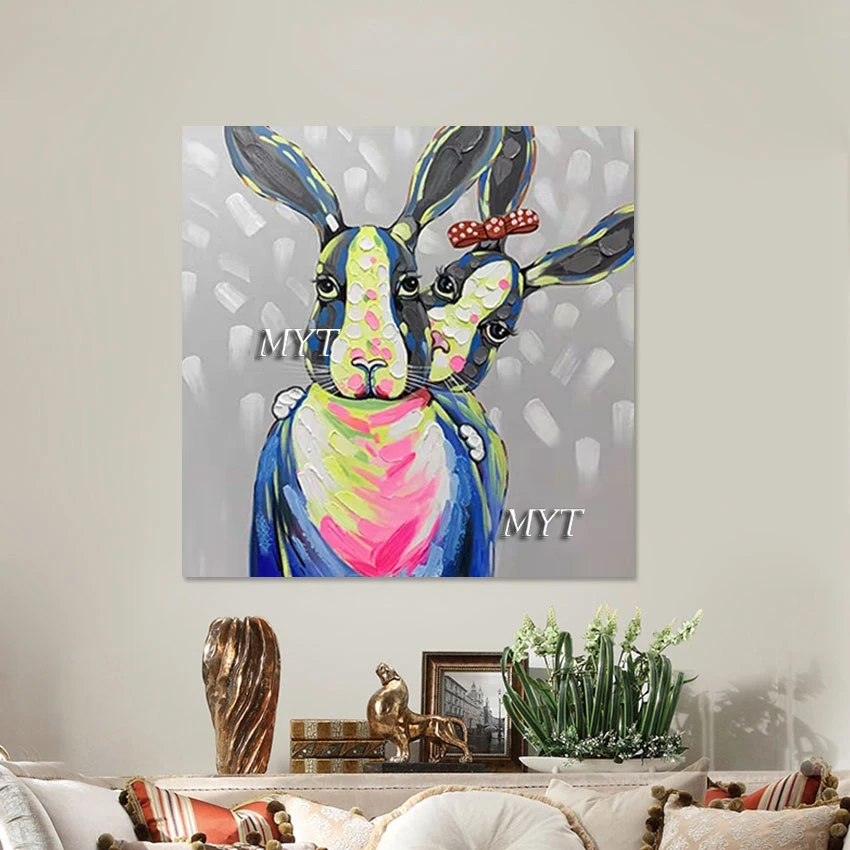 Kids Room Pictures Cartoon Rabbit Animal Oil Painting Hand-painted Modern Textured Wall Art Wallpaper Home Decoration Frameless