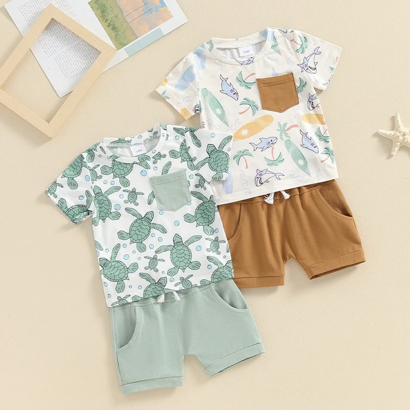 

Toddler Baby Boys Clothes Set Short Sleeve Turtle Shark Print T-shirt with Elastic Waist Shorts Summer Outfit