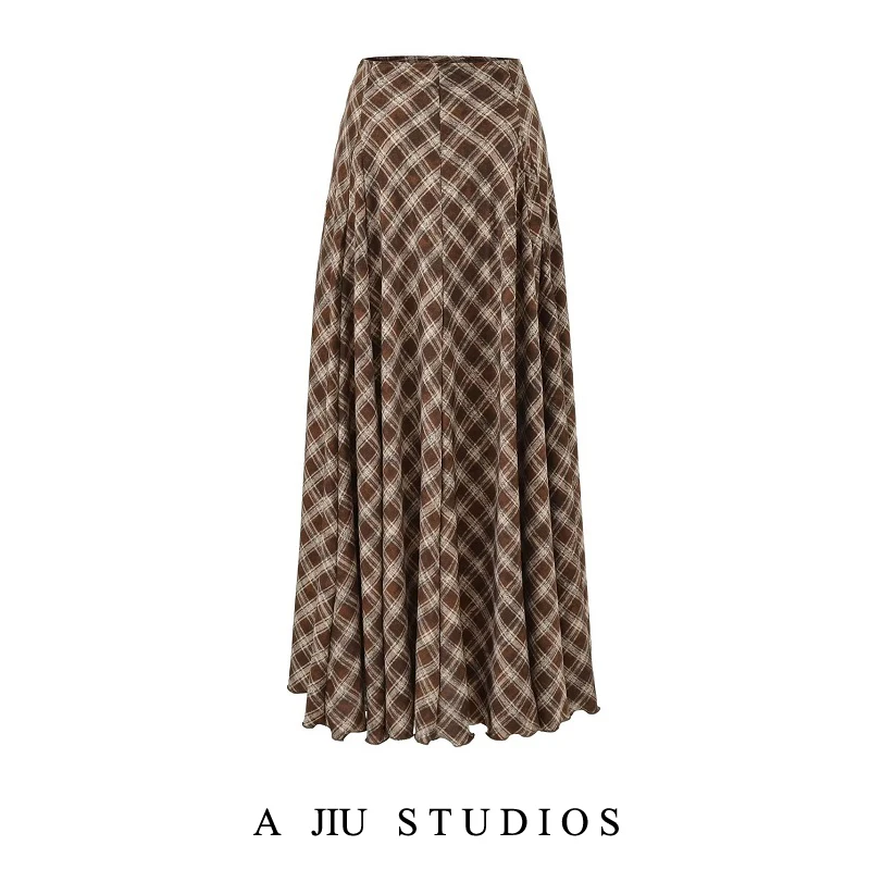 Hohe Taille, A-Linie, karierter Rock für Damen, Herbst und Winter, lässig, mit Verkleidung, schlankmachender langer Rock, drapiert, braun