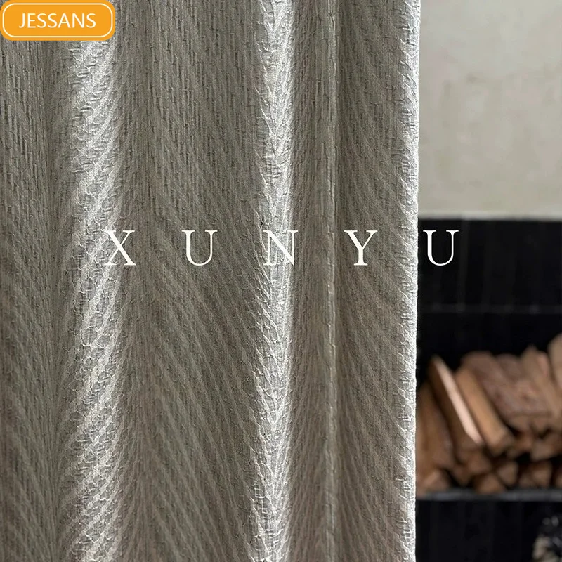 New Linen Textured Custom Grey Vertical Stripe Jacquard Blackout Curtains for Living Room Bedroom French Window Finished Product