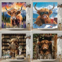 Funny Highland Cow Shower Curtain Rustic Country Cow Cartoon Animal Children's Bath Curtain Polyester Fabric Home Bathroom Decor