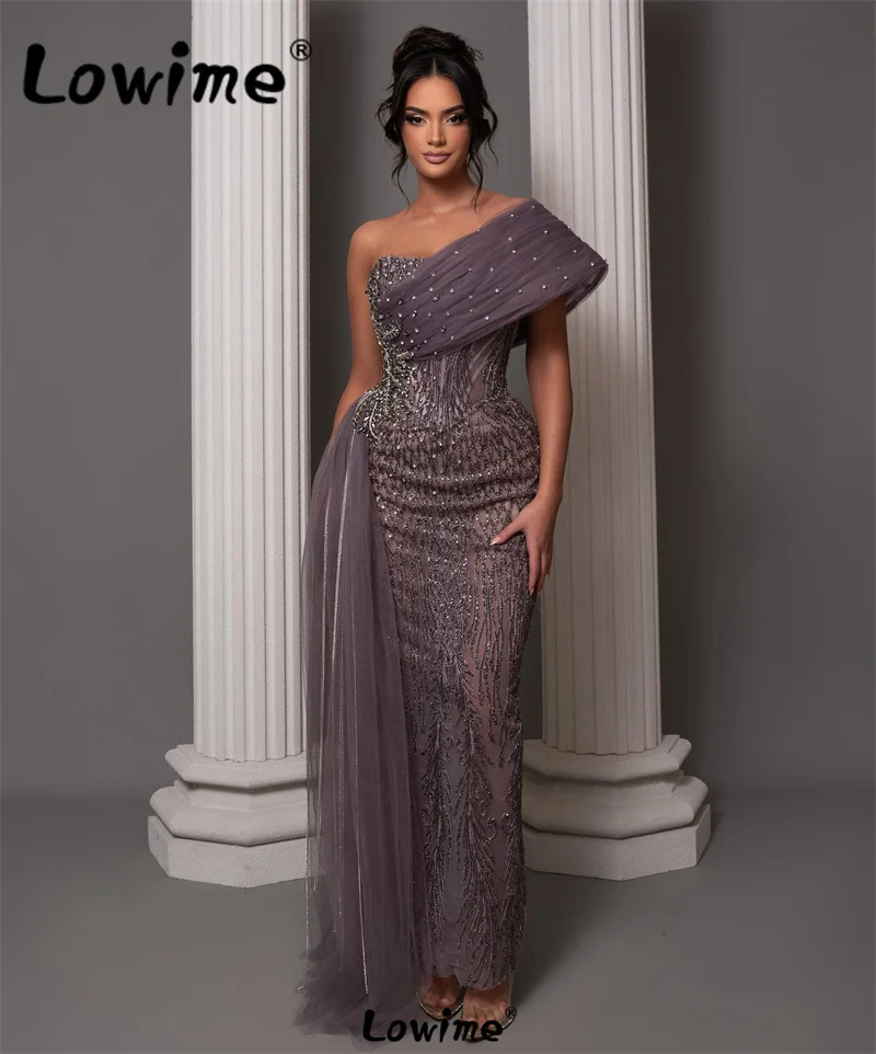 Arabic Party Dress Floor Length Formal Evening Gowns Women Crystals Sequined Saudi Arabia Off Shoulder Prom Dress Abendkleider