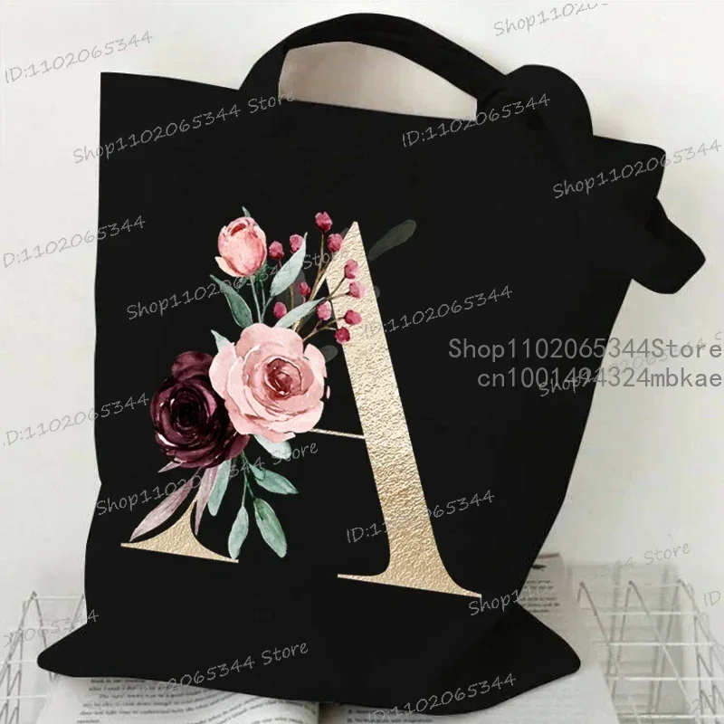 Pink Flower Alphabet Pattern Canvas Shoulder Bag Women A-Z 26 Alphabet Floral Graphic Tote Bags 26 Initials Women Shopping Purse