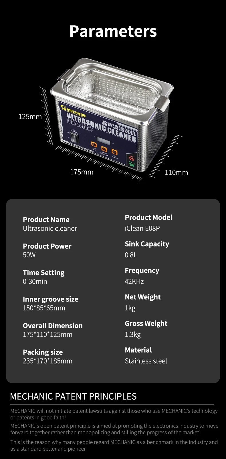 MECHANIC OFFICIAL iClean-E08P Ultrasonic Cleaner 0.8L 80W High Frequency Cleaning Machine For Mobile Phone Repair Washing Tools