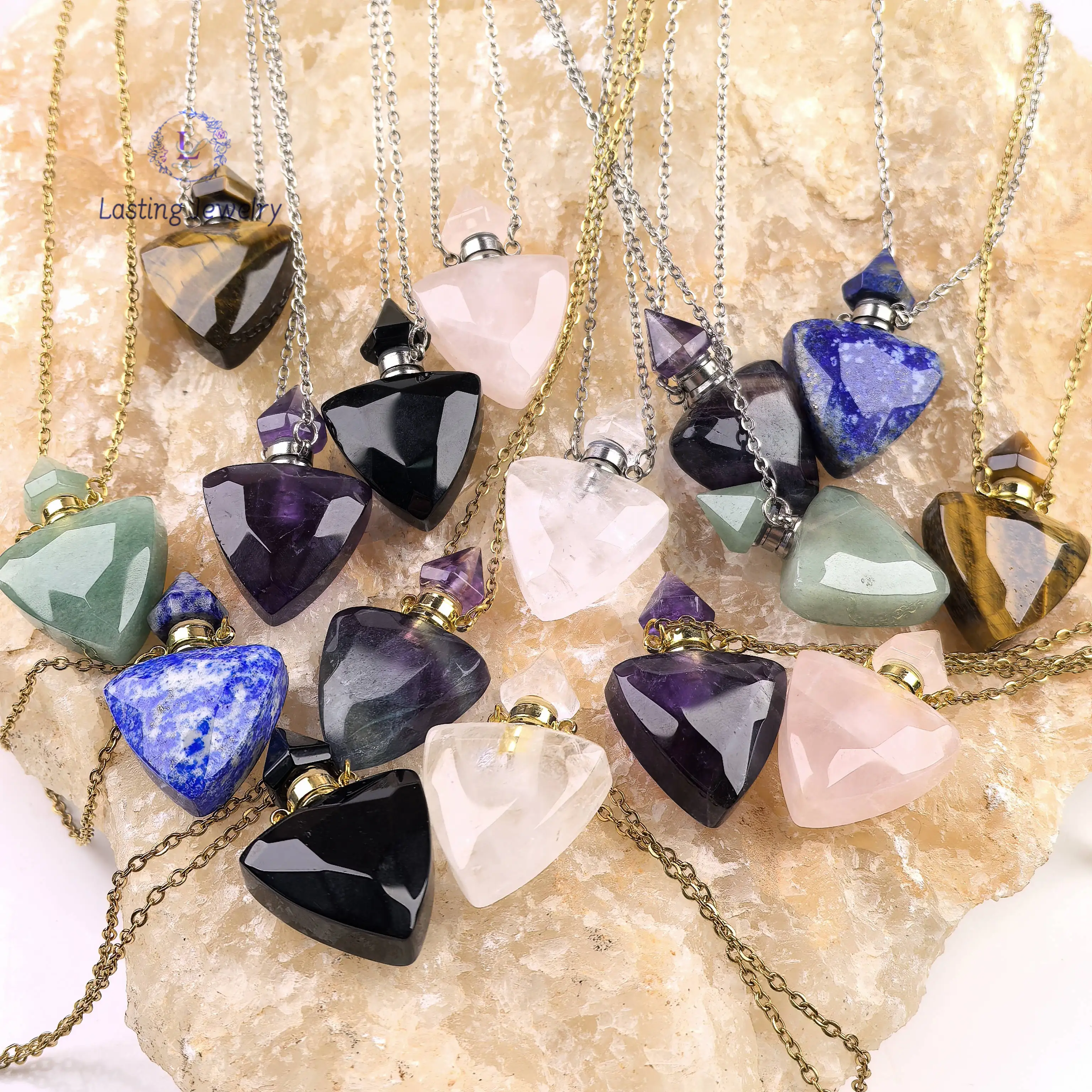 

Triangle Fluorite Essential Oil Diffuser Vial Pendants Healing Crystal Quartz Obsidian Perfume Bottle Charms Necklace Jewelry