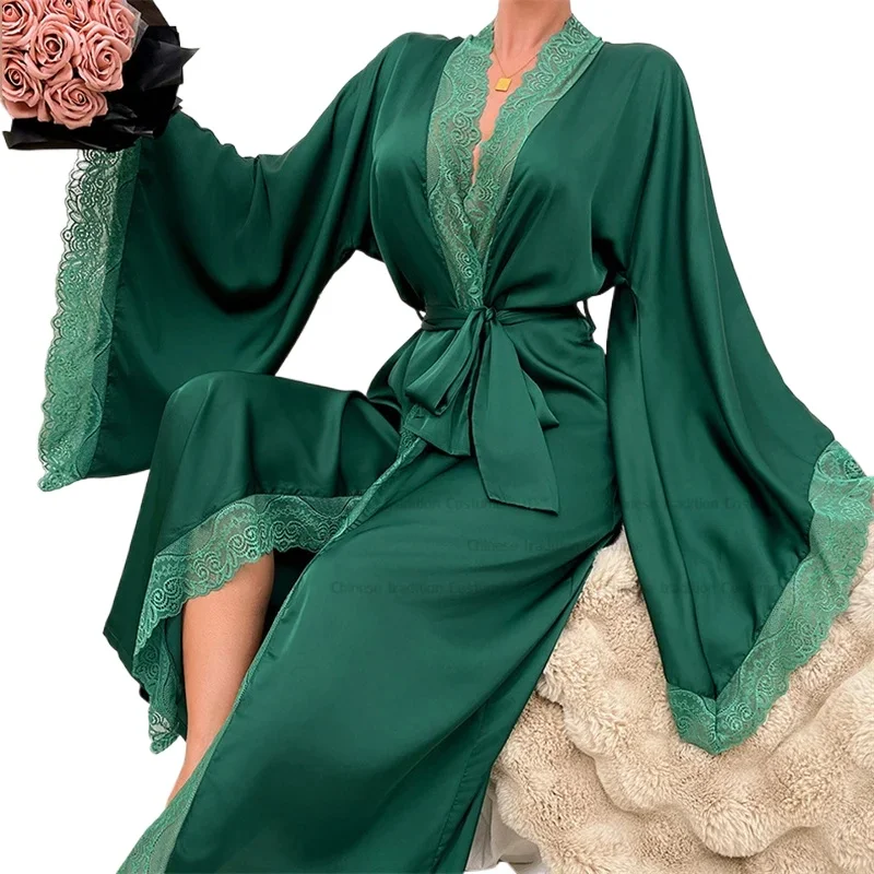 Ultra Long Lace Patchwork Robe Women Kimono Sexy Sleepwear Ice Silk Bride Wedding Party Dress Big Sleeve Vestidos De Novia