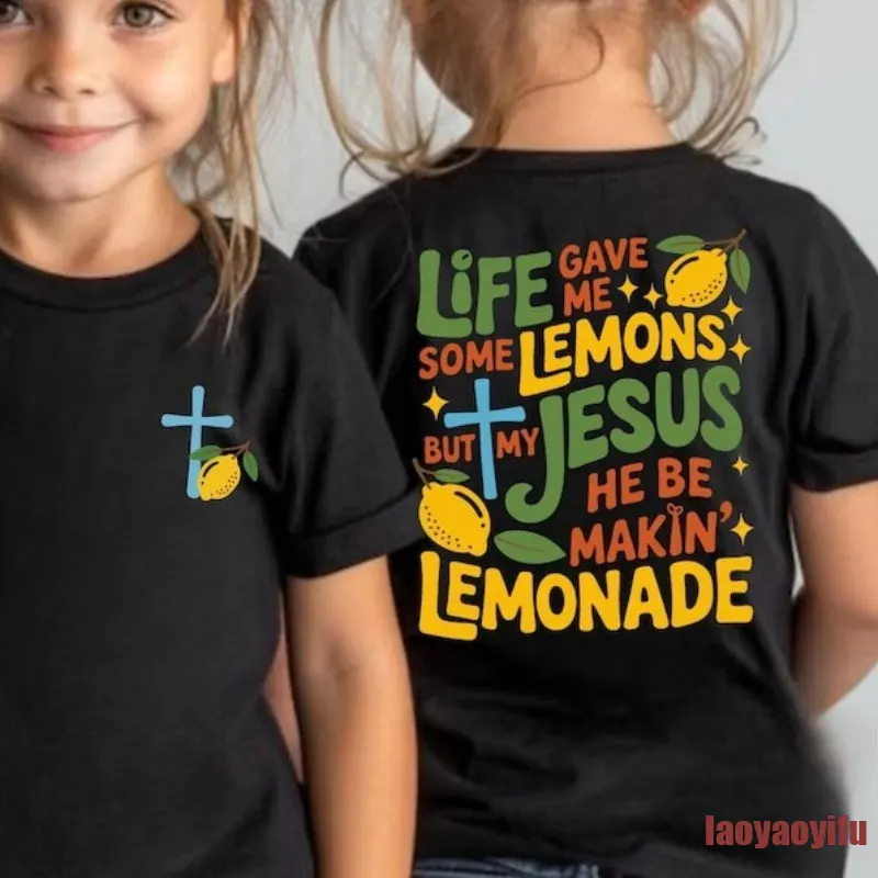 Camiseta de algodón para niños pequeños con limonada hecha en Jesús, divertida camisa cristiana para niños pequeños y niñas, camisetas informales de moda con cuello redondo, ropa de algodón para niños