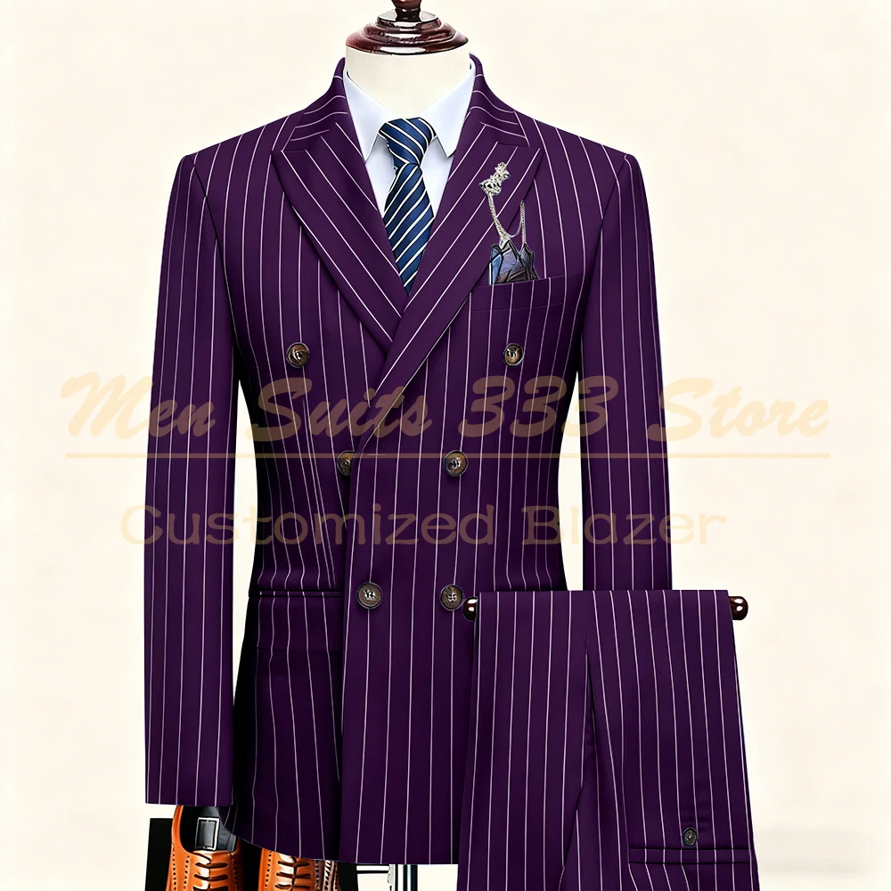 

High Quality Wedding Men Suits Pinstripe Double Breasted Peak Lapel Lining Blazer With Shoulder Pads Tailor 2 Piece Jacket Pants
