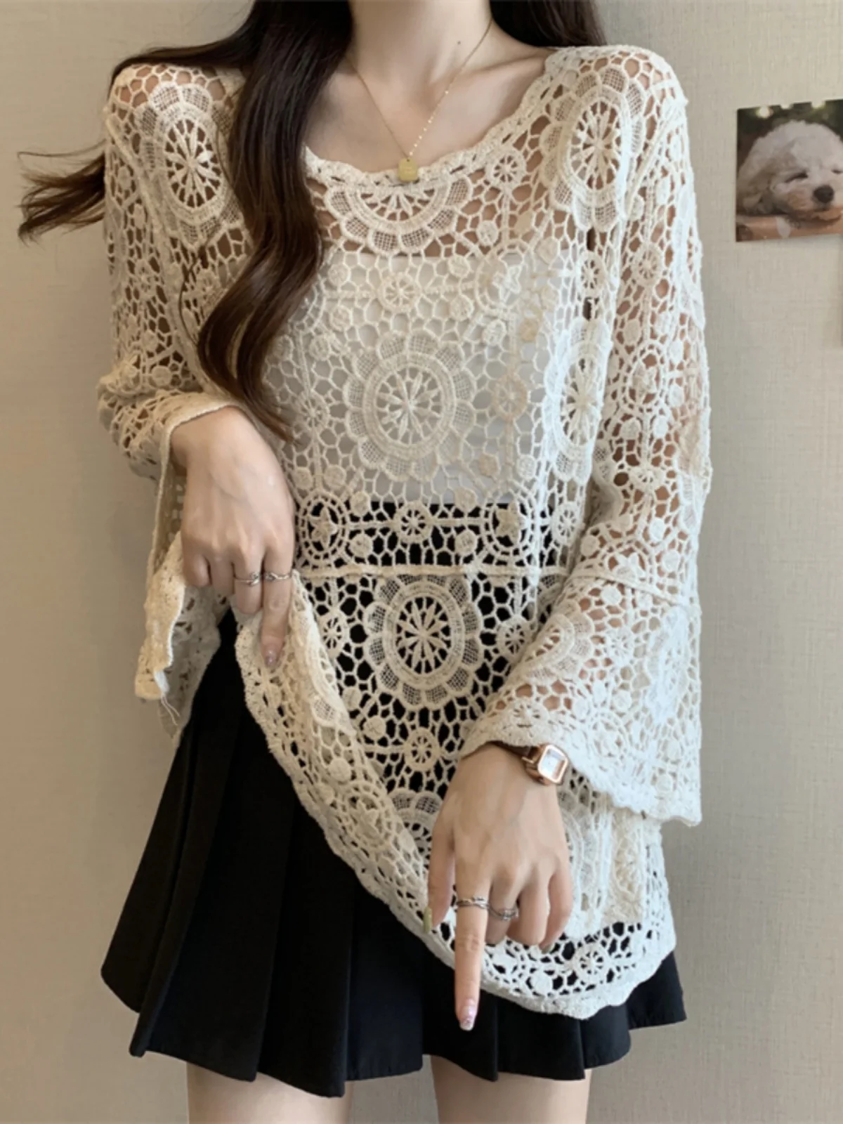 Women's Summer Lace Hollow out Sun Protection Cover up Top Loose Fit Long Sleeve round Neck Air Conditioning Shirt Korean Style