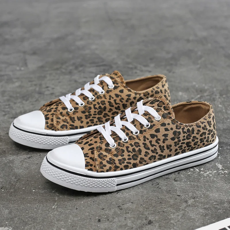 Women Canvas Flat Shoes Spring Fashion Casual Leopard Print Canvas Shoes Women Vulcanized Lace Up Walking Sneakers Size 38 42