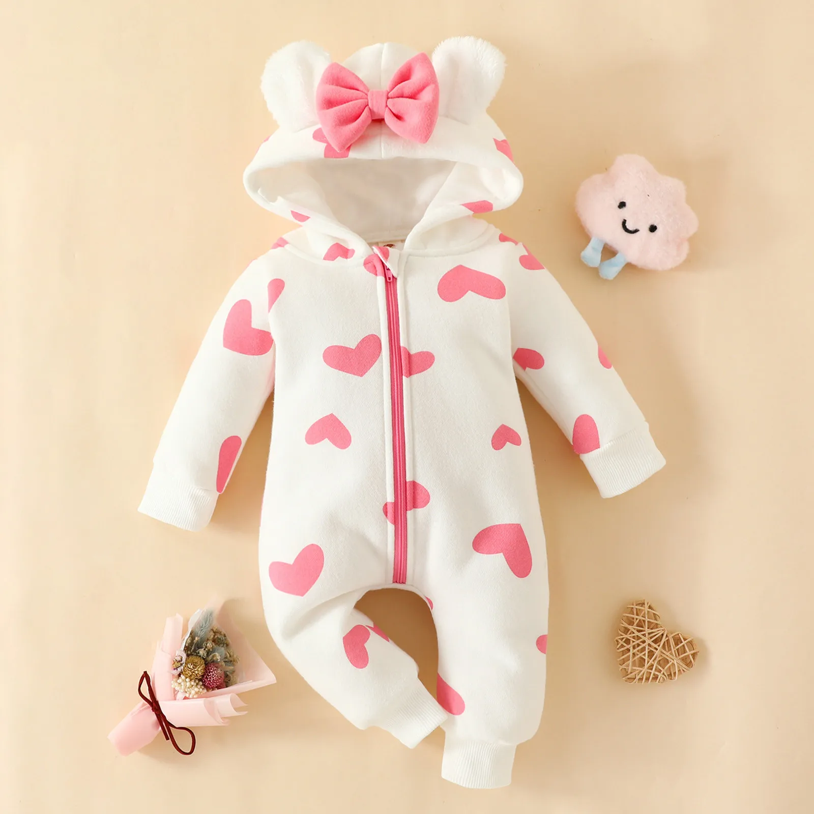 Infant Girls Long Sleeve Hearts Print Bowknot Hooded Romper Jumpsuit Clothes 6-9 Months Baby Girl Clothes