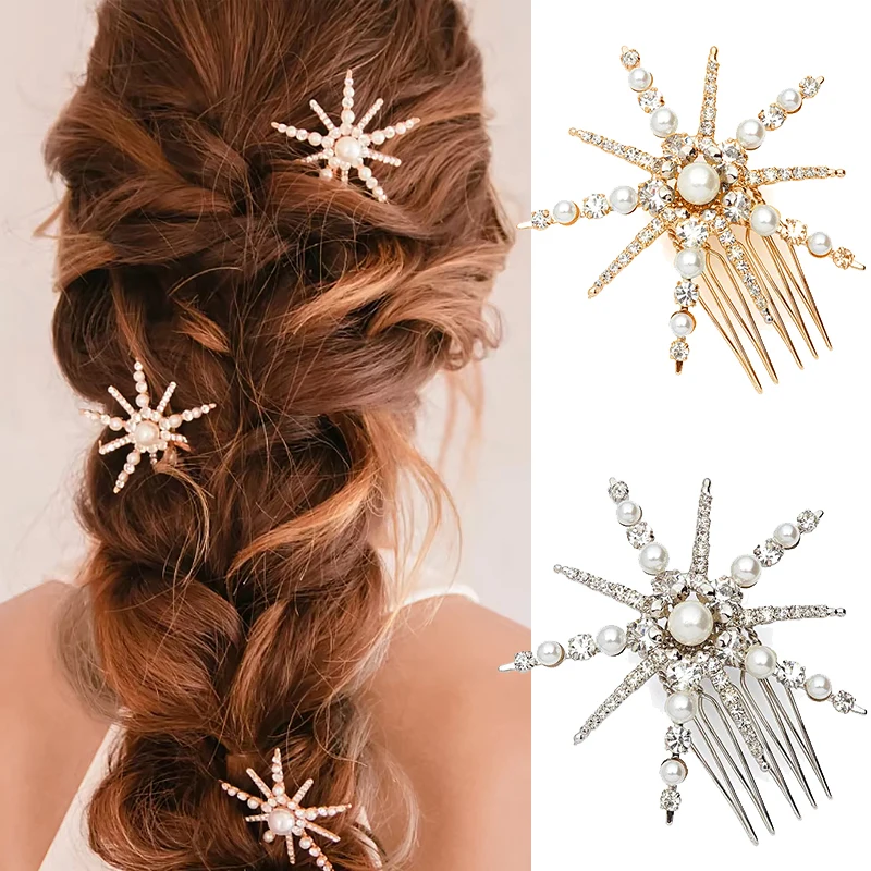 Geometric Stars Rhinestone Hair Clip Snowflake Star Bride Hairpins For Women Hair Combs Side Clip Barrettes Hair Accessories