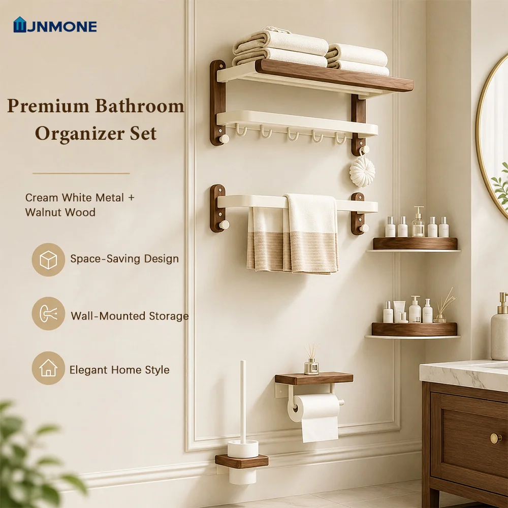 Modern Luxury Bathroom Accessories Set Walnut Wood Towel Rack Wall Mounted Bathroom Hardware Set Shelf Hooks Toilet Paper Holder