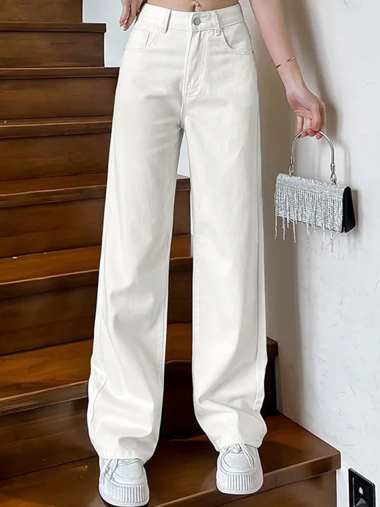 

Женские свободные джинсовые широкие джинсы с высокой талией, женские уличные мешковатые брюки в Корейском стиле, белые модные прямые брюки